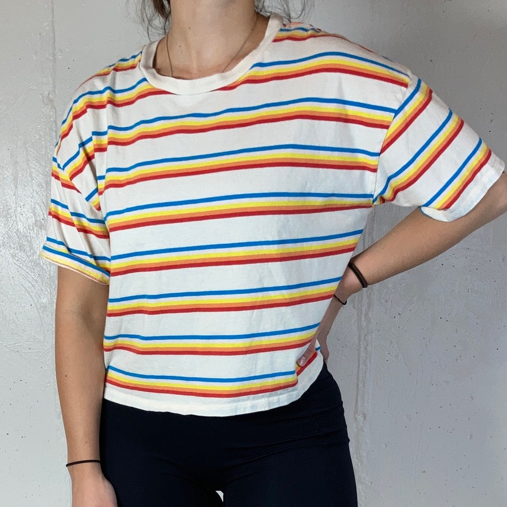 Rainbow Striped Cropped Short Sleeve Tee Shirt - Picture 3 of 7